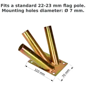 Triple Flag Pole Holder - Wall Mounted Flag Pole Bracket, Galvanised (Gold), Rust and Weather Resistant, Heavy Duty