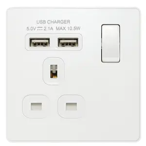 BG PCDCL21U2W Pearlescent White Evolve 1 Gang 13A 2x USB-A 2.1A Switched Socket Outlet - White Insert