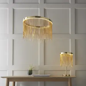 Satin Brass Table Lamp Light & Waterfall Chain Shade - Integrated LED Module