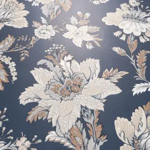 Abode Edward Floral Flowers Leaves Navy Blue Wallpaper