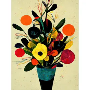 Autumnal Flower Bouquet Vase Midcentury Abstract - Painting Unframed / 40.5cm H x 30.5cm W