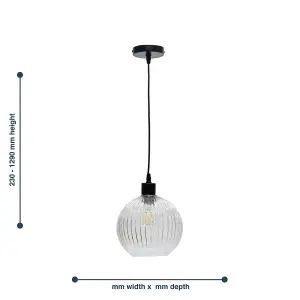 First Choice Lighting Set of 2 Betchley Clear Ribbed Glass Globe with Black Pendant Fittings