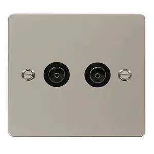 Flat Plate Pearl Nickel 2 Gang Twin Coaxial TV Socket - Black Trim - SE Home