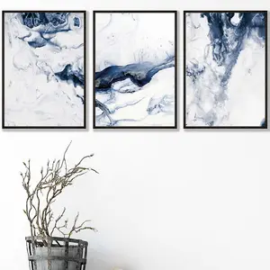 Set of 3 Navy Blue Abstract Ocean Waves Wall Art Prints / 42x59cm (A2) / Black Frame