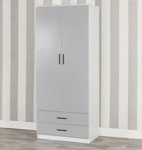 URBNLIVING 180cm Tall 2 Door Wardrobe White Carcass and Grey Drawers With 2 Drawers Bedroom Storage Hanging Bar Clothes