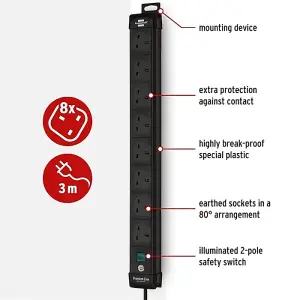 Brennenstuhl Premium-Line 8-Way Extension Lead - 3 Metre Cable - Made in Germany