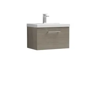 Wall Hung 1 Drawer Vanity Unit with Mid-Edge Ceramic Basin, 600mm - Woodgrain Solace Oak