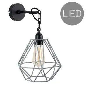 ValueLights Huber Satin Black Wall/Ceiling Light Fitting with Grey Metal Cage Shade and 4w LED Bulb In Warm White