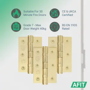 AFIT Polished Brass Door Hinges - 3 Inch / 76mm  Internal Fire Door Hinges - 1.5 Pairs