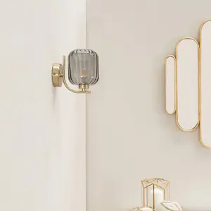 ValueLights Amelie Gold Curved Bar Wall Light with Smoked Ribbed Glass Shade - LED Bulb Included