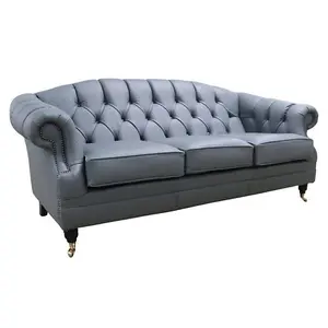 Chesterfield Handmade 3 Seater Sofa Settee Shelly Piping Grey Leather In Victoria Style