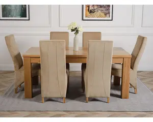 Dakota 182 x 92 cm Chunky Oak Large Dining Table and 6 Chairs Dining Set with Lola Beige Fabric Chairs