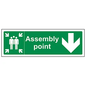 Fire Assembly Point Arrow Down Safety Sign - Rigid Plastic - 300x100mm (x3)