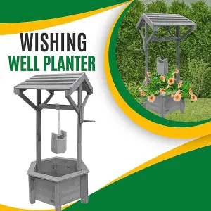 AAMEN Wooden Wishing Wells for Outdoors with Hanging Bucket, Flower Pot