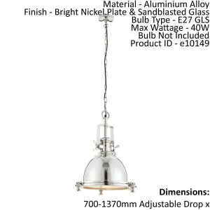 Ceiling Pendant Light Bright Nickel Plate & Sandblasted Glass 40W E27 GLS