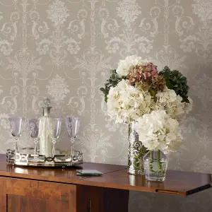 Laura Ashley Josette White & dove grey Damask Smooth Wallpaper Sample