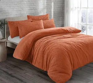 Velosso Plain Teddy Warm And Cosy Duvet Cover And Pillowcase Set - Orange