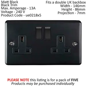 5 PACK 2 Gang Double UK Plug Socket MATT BLACK 13A Switched Power Outlet