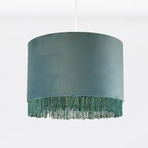 First Choice Lighting Teal Velvet With Chrome Inner Tassled Light Shade