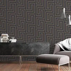 Grandeco Brown Metallic & glitter effect Greek Key Blown Wallpaper