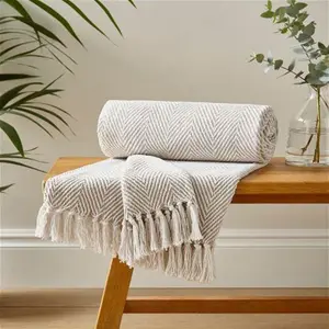 Dunelm Jenson Herringbone Throw Blanket 130cm X 180Cm, Country, Natural, Cotton