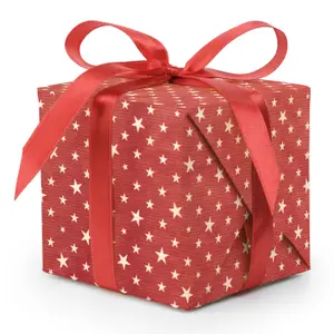 Festive Kraft Wrapping Paper with Red and Natural Star Designs - 4 Pack