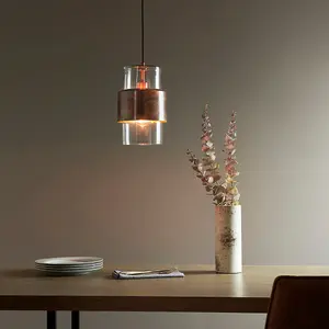 Copper Hanging Ceiling Pendant Light - Clear Glass Shade - Single Bulb Fitting