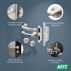 AFIT Lift to Lock Handle Set & DIN Lock for Bathroom / Toilet Cubicle Doors - Satin Stainless - for 60 Minute Fire Doors