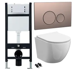 Bubly Bathrooms™ White Rimless Wall Hung Toilet Pan, Seat & 1.13m Concealed Cistern Frame - Bronze