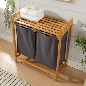 Home Source Walton Bamboo Laundry Basket with 2 Grey Fabric Compartments Storage Unit