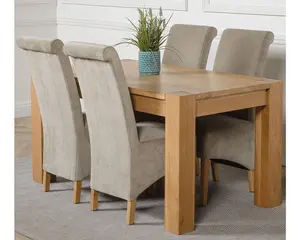 Kuba 150 x 85 cm Chunky Medium Oak Dining Table and 4 Chairs Dining Set with Montana Grey Fabric Chairs