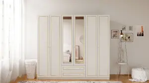 MARIE 6 Door 2 Drawer Mirrored Gold White Wardrobe