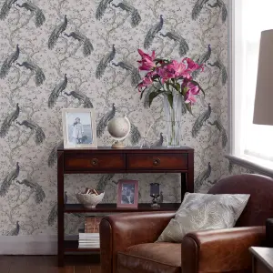 Laura Ashley Belvedere Midnight Peacock Smooth Wallpaper Sample