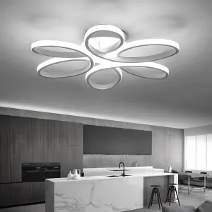 White Frame Modern 6 Circle Curved Acrylic Semi Flush LED Ceiling Light Fixture Cool White 74cm