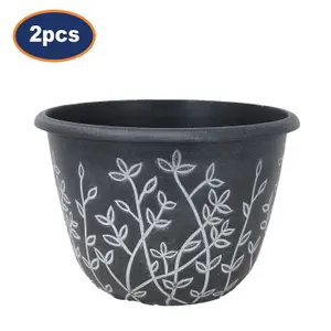 Pot Serenity Planter Round Plastic Black White Flower Plant Garden 25cm 2Pcs