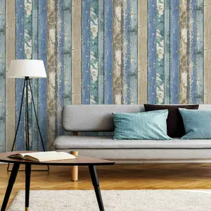 Rustic Distressed Elm Wood Plank Effect Blue Cabin Beige Realistic Wallpaper