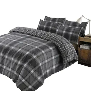 Dreamscene Aspen 100% Brushed Cotton Duvet Cover with Pillowcase Set, Check Grey - Superking