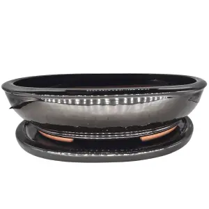 37cm Glazed Bonsai Pot - Oval - 37cm x 30cm x 9cm - Black - With Drip Tray