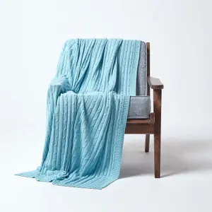 Homescapes Cotton Cable Knit Pastel Blue Throw, 150 x 200 cm