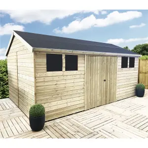 16 x 15 Pressure Treated T&G Wooden Apex Garden Shed / Workshop + 6 Windows + Double Doors (16' x 15' / 16ft x 15ft(16x15)