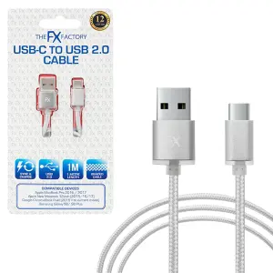 FX Nylon Braided USB Data Cable For Type C Smartphone Devices, Silver