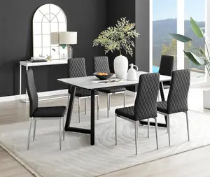 Furniturebox UK Carson White Marble Effect Dining Table & 6 Black Milan Chrome Leg Chairs