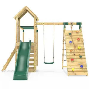 Rebo Wooden Climbing Frame with Swings, Slide, Up & over Climbing wall and Monkey Bars - Carpathian