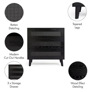 Spinningfield Black Rattan Chest of Drawers, 2 Drawers Clothes Dresser, Bedroom Drawers w/ Cane Fronted Drawers, Clothes Cabinet