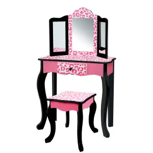 Teamson Kids Dressing Table, Play Vanity Set with Mirror & Stool - Pink/Black/Leopard Print