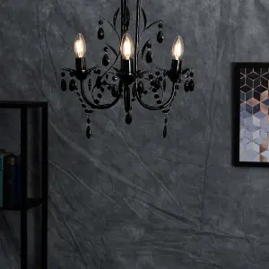 ValueLights Odelia Gloss Black Shabby Chic 3 Way Ceiling Light Chandelier with Decorative Black Jewel Beads