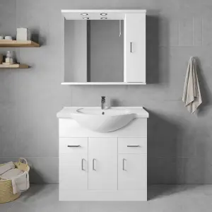 3 Door 2 Drawer Bathroom Vanity Basin Unit with Round Basin - 850mm - Gloss White