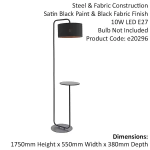 Satin Black Floor Lamp with Side Table - 1750mm Height - 38cm Black Fabric Shade