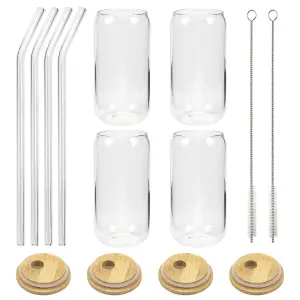 4 X 16oz Can Shaped Glass Cups - Drinking Glasses with Bamboo Lids and Glass Straw - Classic Design With Aesthetic Appeal