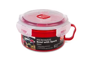 Good2Heat Plus Microwave Cookware Red Round Plastic Steam Vent Dishwasher Safe Food Storage Bowl with Spork 900ml